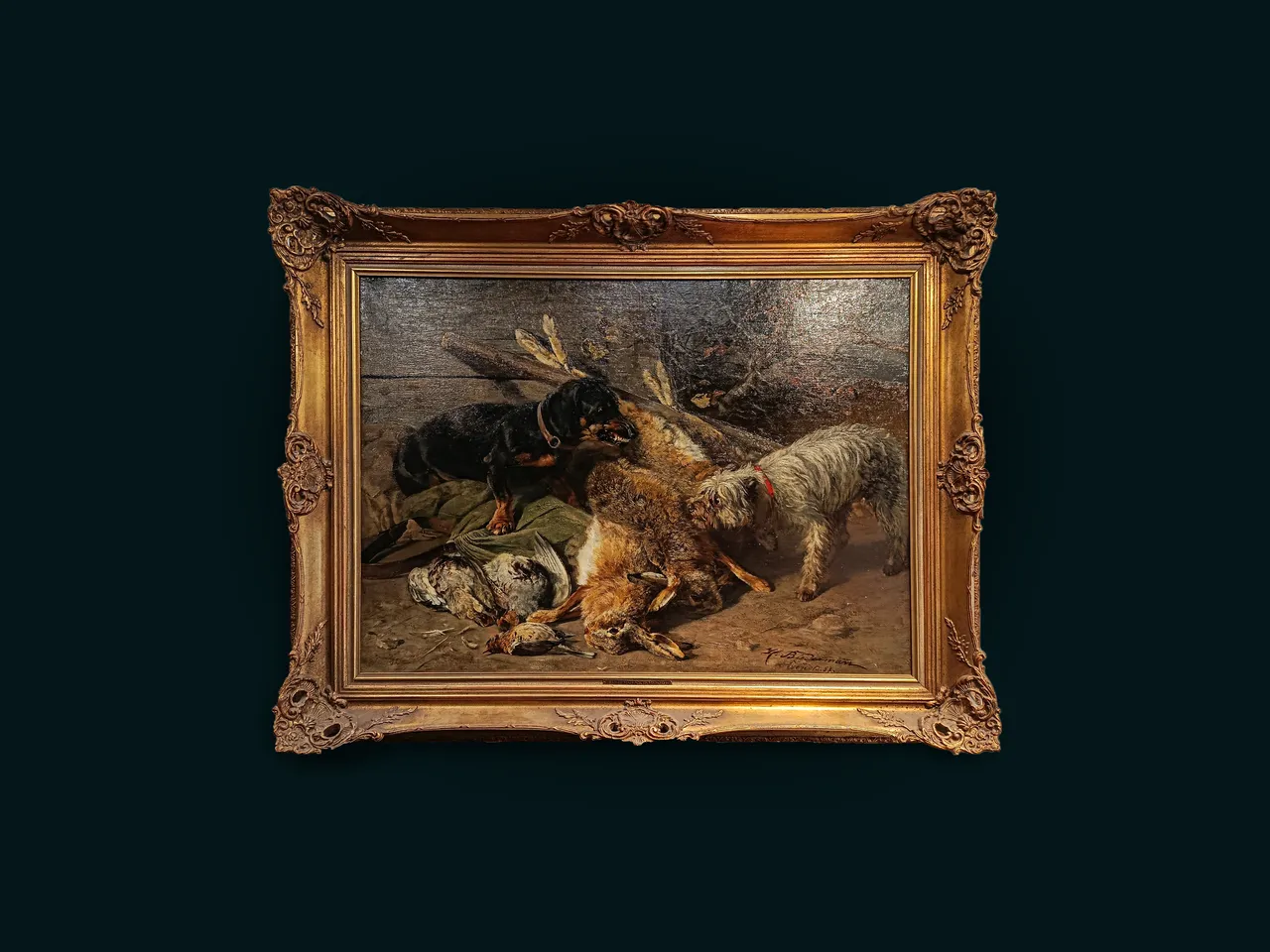 Hermine Biedermann-Arendts – Scène Animalière au Gibier et Chiens de Chasse (Huile sur Toile)